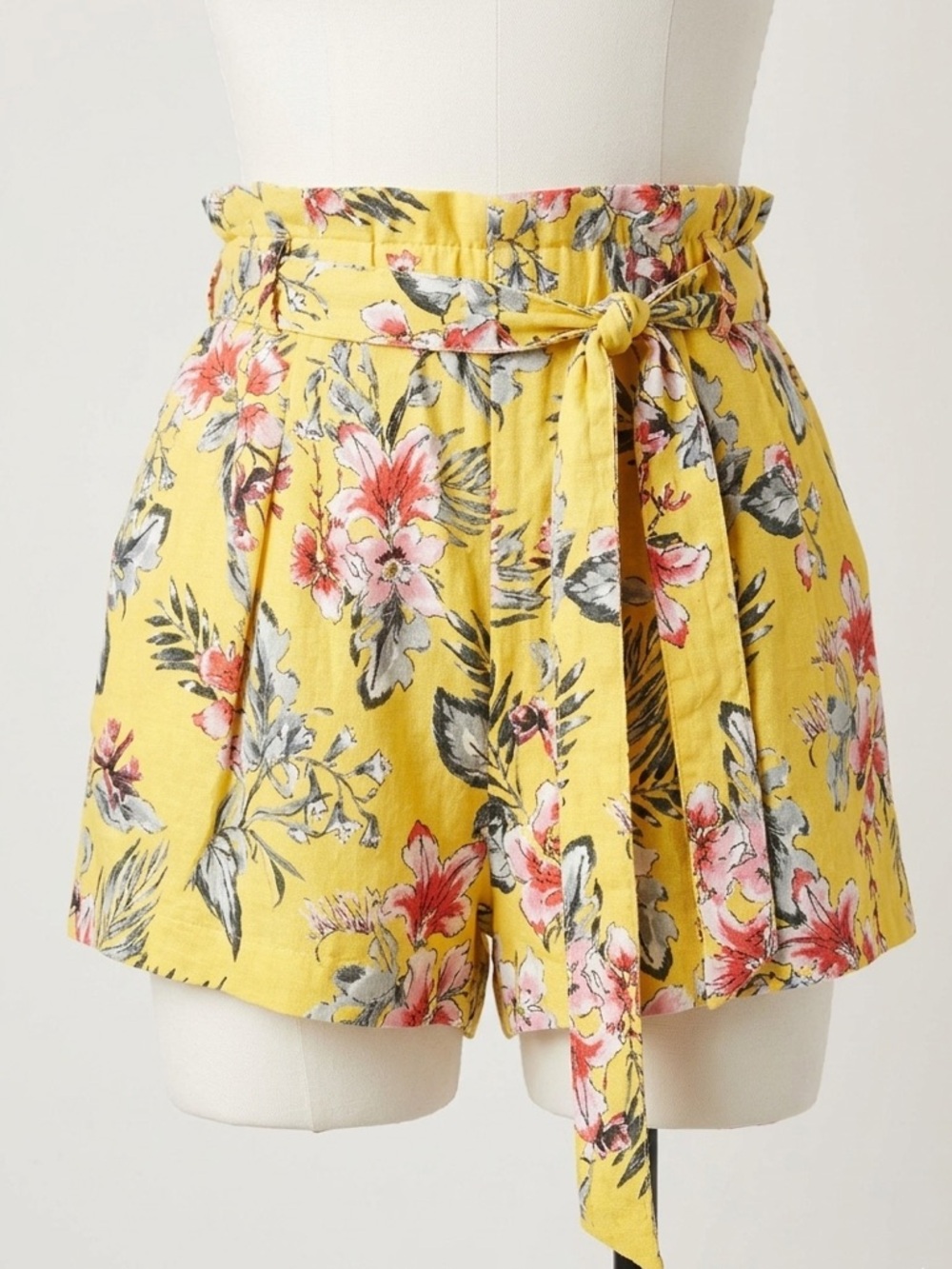 Zara Yellow Floral Tropical Paperbag High Waist Belted Shorts Size Small